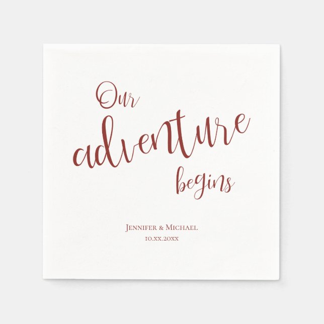 Our adventure begins maroon typography wedding napkins (Front)