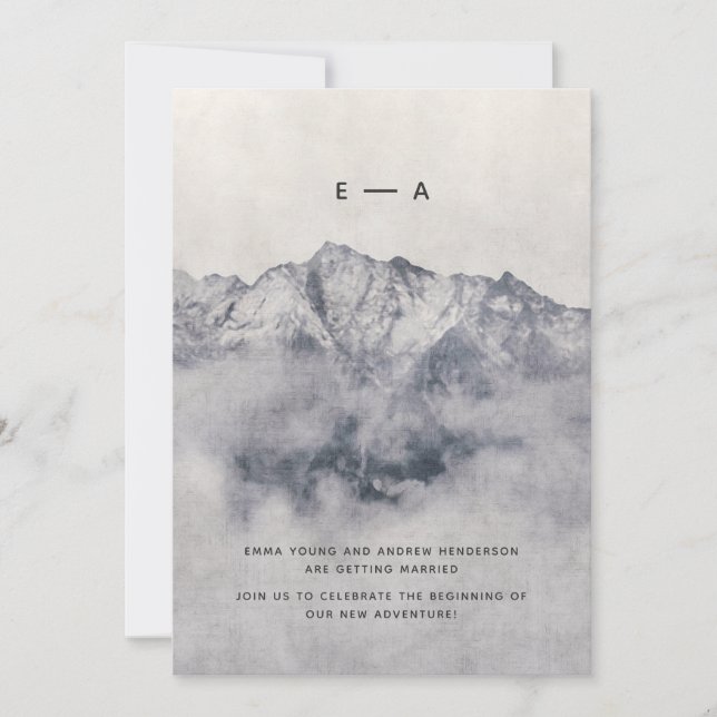 Our Adventure Begins Misty Mountain Pine Minimal Invitation (Front)