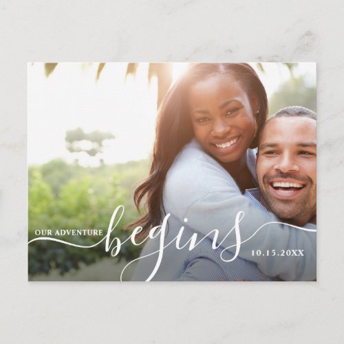 Our Adventure Begins  Modern Save the Date Photo Postcard