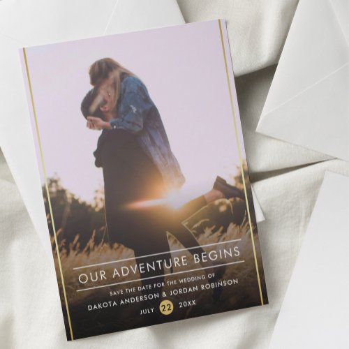 Our Adventure Begins Modern Typography Gold Photo Announcement Postcard