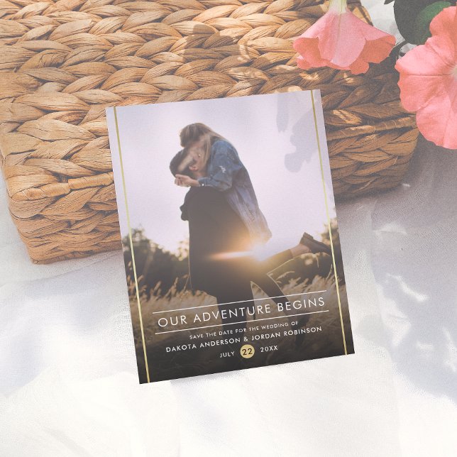 Our Adventure Begins Modern Typography Gold Photo Announcement Postcard (Creator Uploaded)