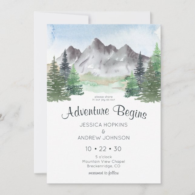 Our Adventure Begins Mountain Watercolor Wedding Invitation (Front)