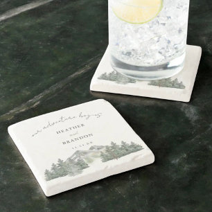Our Adventure Begins Mountain Wedding Favors Stone Coaster