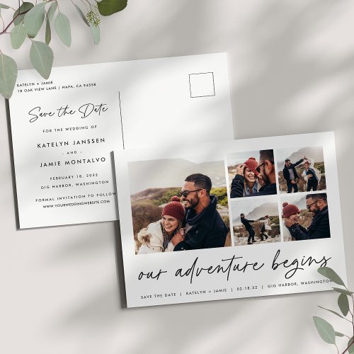 Our Adventure Begins  Multi Photo Save The Date Announcement Postcard
