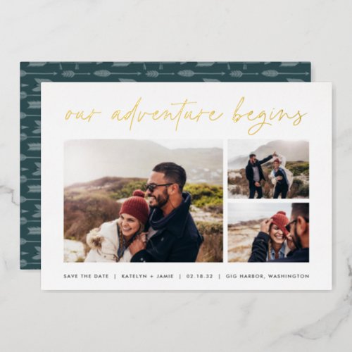 Our Adventure Begins  Multi Photo Save The Date Foil Invitation