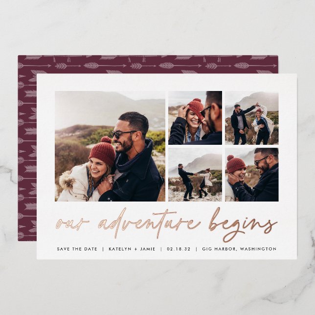 Our Adventure Begins | Multi Photo Save The Date Foil Invitation (Front/Back)