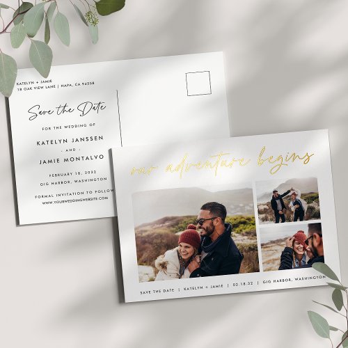 Our Adventure Begins  Multi Photo Save The Date Foil Invitation Postcard