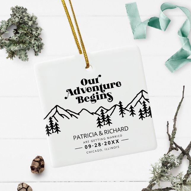 Our Adventure Begins Outdoor Wedding Save The Date Ceramic Ornament (Creator Uploaded)