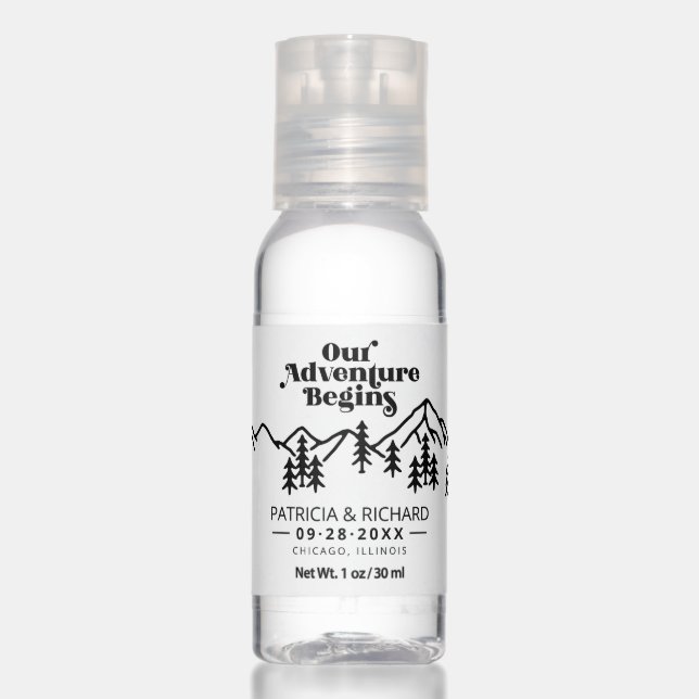 Our Adventure Begins Outdoor Wedding Save The Date Hand Sanitizer (Front)