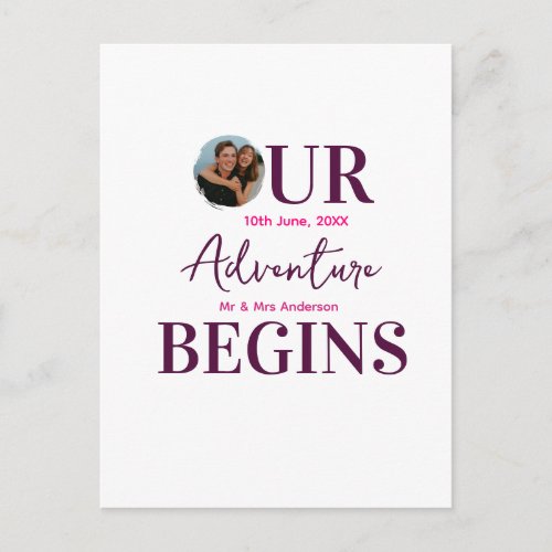 our adventure begins photo circular wedding couple postcard