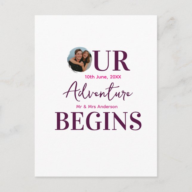 our adventure begins photo circular wedding couple postcard (Front)