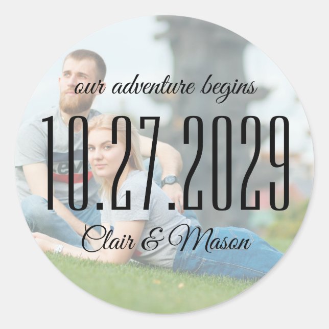 Our Adventure Begins Photo Save The Date Sticker (Front)