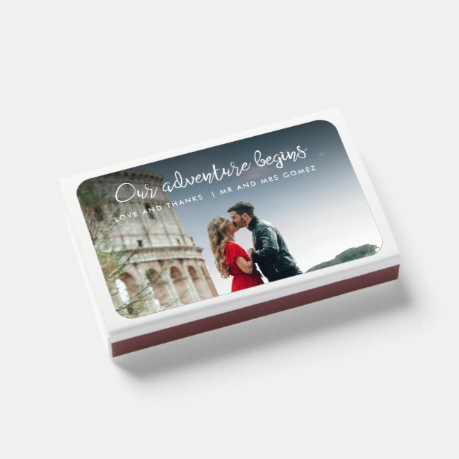 Our Adventure Begins Photo Thank You Wedding Matchboxes (Front Closed)