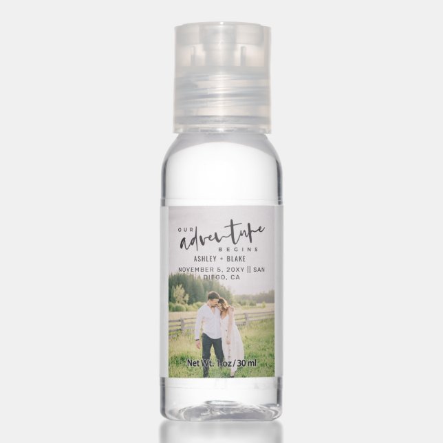 Our Adventure Begins Photo Wedding Save the Date Hand Sanitizer (Front)
