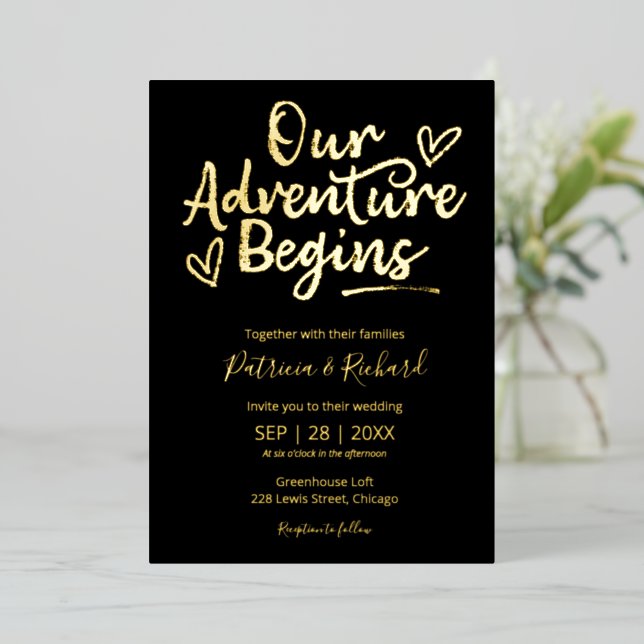 Our Adventure Begins Rustic Chic Wedding Foil Invitation (Standing Front)