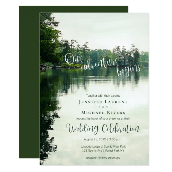 Our adventure begins rustic lakeside wedding invitation