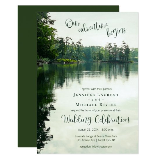 Our adventure begins rustic lakeside wedding invitation