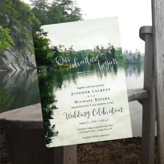 Our adventure begins rustic lakeside wedding invitation