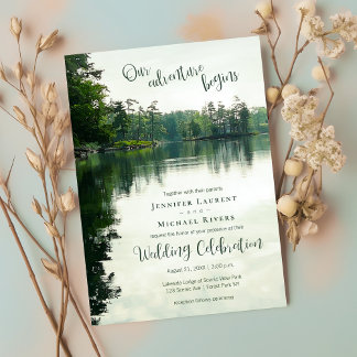Our adventure begins rustic lakeside wedding invitation