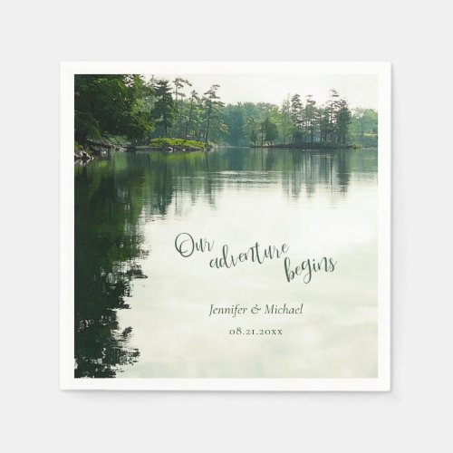 Our adventure begins rustic lakeside wedding napkins