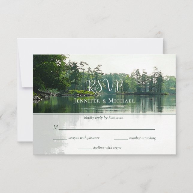 Our adventure begins rustic lakeside wedding RSVP card (Front)