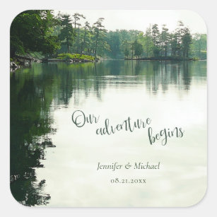 Our adventure begins rustic lakeside wedding square sticker