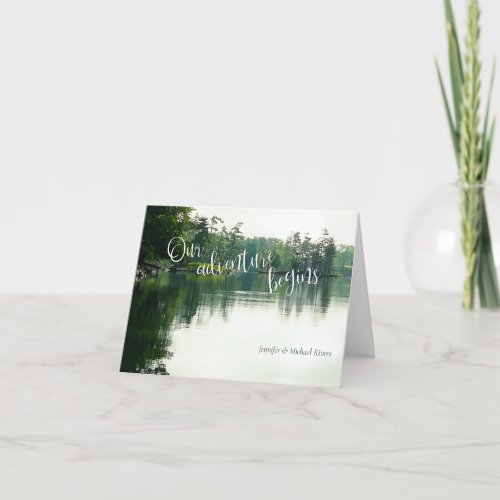 Our adventure begins rustic lakeside wedding thank you card