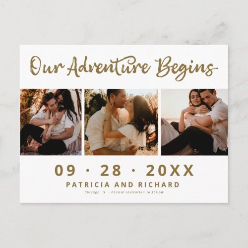 Our Adventure Begins Save The Date 3 Photo Postcard