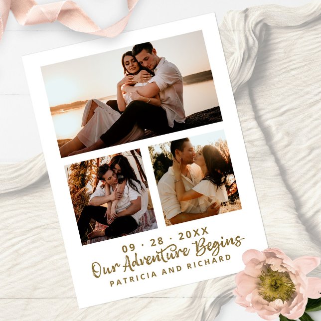 Our Adventure Begins Save The Date 3 Photo Postcard (Creator Uploaded)
