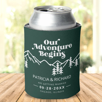 Our Adventure Begins Save The Date Forest Green Can Cooler by StampsbyMargherita at Zazzle