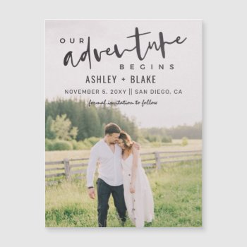 Our Adventure Begins Script Photo Save The Date by blessedwedding at Zazzle