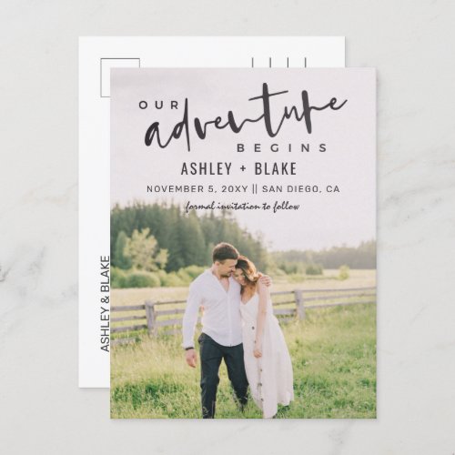 Our Adventure Begins Script Photo Save the Date Announcement Postcard