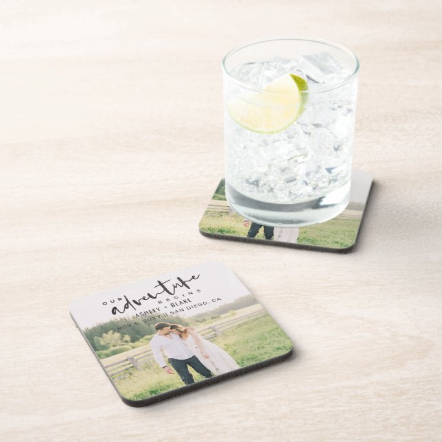 Our Adventure Begins Script Photo Save the Date Beverage Coaster (Right Side)