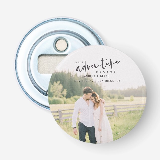 Our Adventure Begins Script Photo Save the Date Bottle Opener (Front)