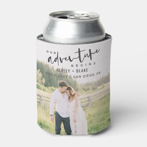 Our Adventure Begins Script Photo Save the Date Can Cooler