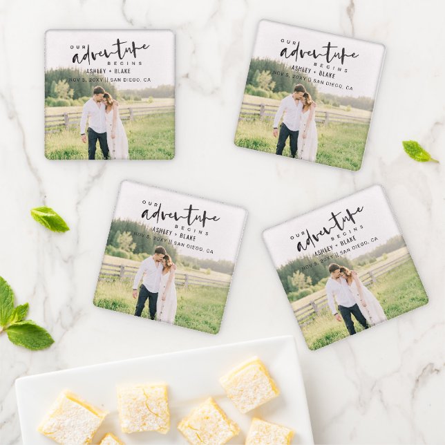 Our Adventure Begins Script Photo Save the Date Coaster Set (In Situ)