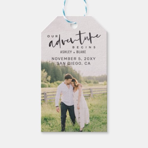 Our Adventure Begins Script Photo Save the Date Gift Tags