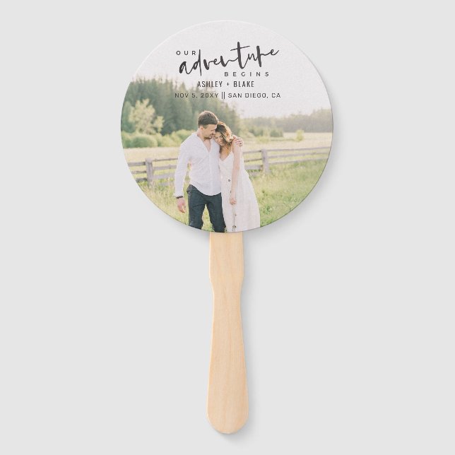 Our Adventure Begins Script Photo Save the Date Hand Fan (Front)