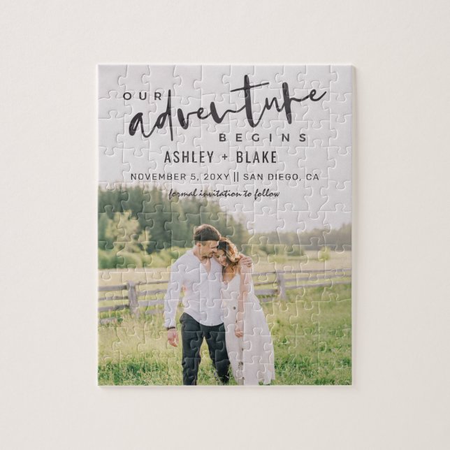 Our Adventure Begins Script Photo Save the Date Jigsaw Puzzle (Vertical)