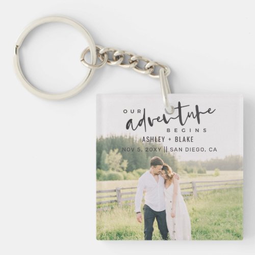 Our Adventure Begins Script Photo Save the Date Keychain