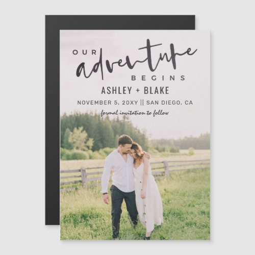 Our Adventure Begins Script Photo Save the Date Magnetic Invitation