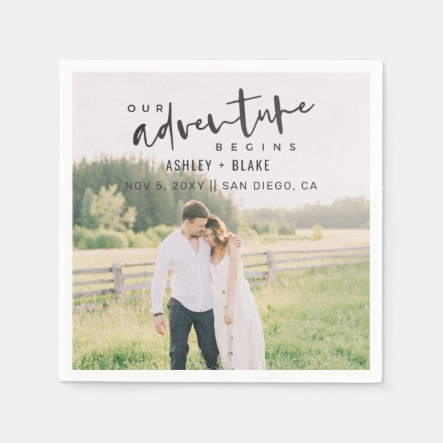 Our Adventure Begins Script Photo Save the Date Napkins (Front)