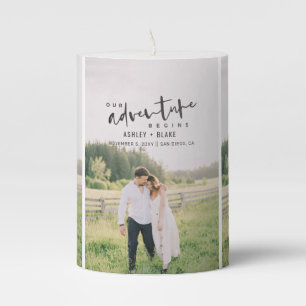 Our Adventure Begins Script Photo Save the Date Pillar Candle
