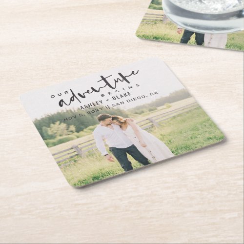 Our Adventure Begins Script Photo Save the Date Square Paper Coaster