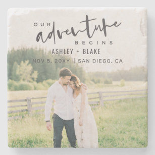 Our Adventure Begins Script Photo Save the Date Stone Coaster