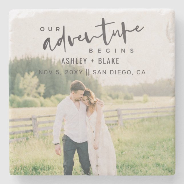 Our Adventure Begins Script Photo Save the Date Stone Coaster (Front)