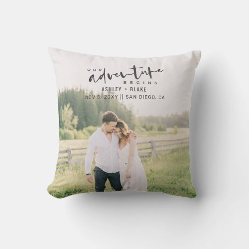 Our Adventure Begins Script Photo Save the Date Throw Pillow