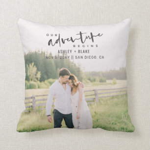 Our Adventure Begins Script Photo Save the Date Throw Pillow