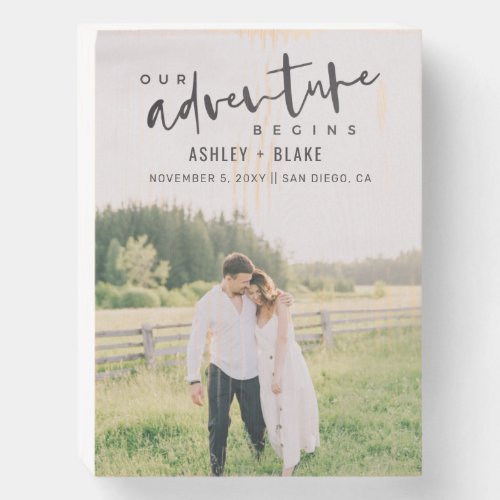 Our Adventure Begins Script Photo Save the Date Wooden Box Sign