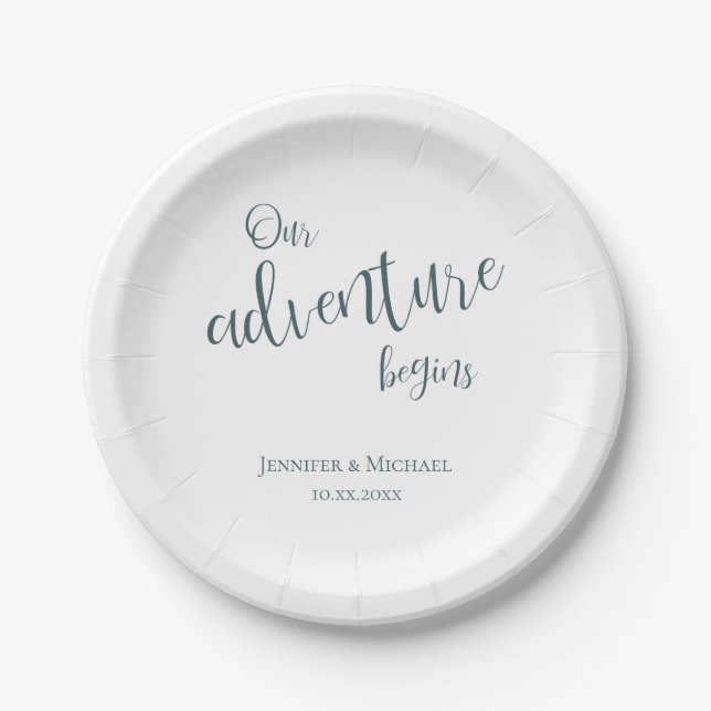 Our adventure begins teal typography wedding paper plates (Front)